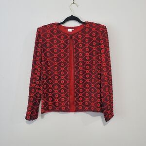 Emma Red And Black 100% Silk Embroidered Beaded Evening Blazer Sz Medium Vintage